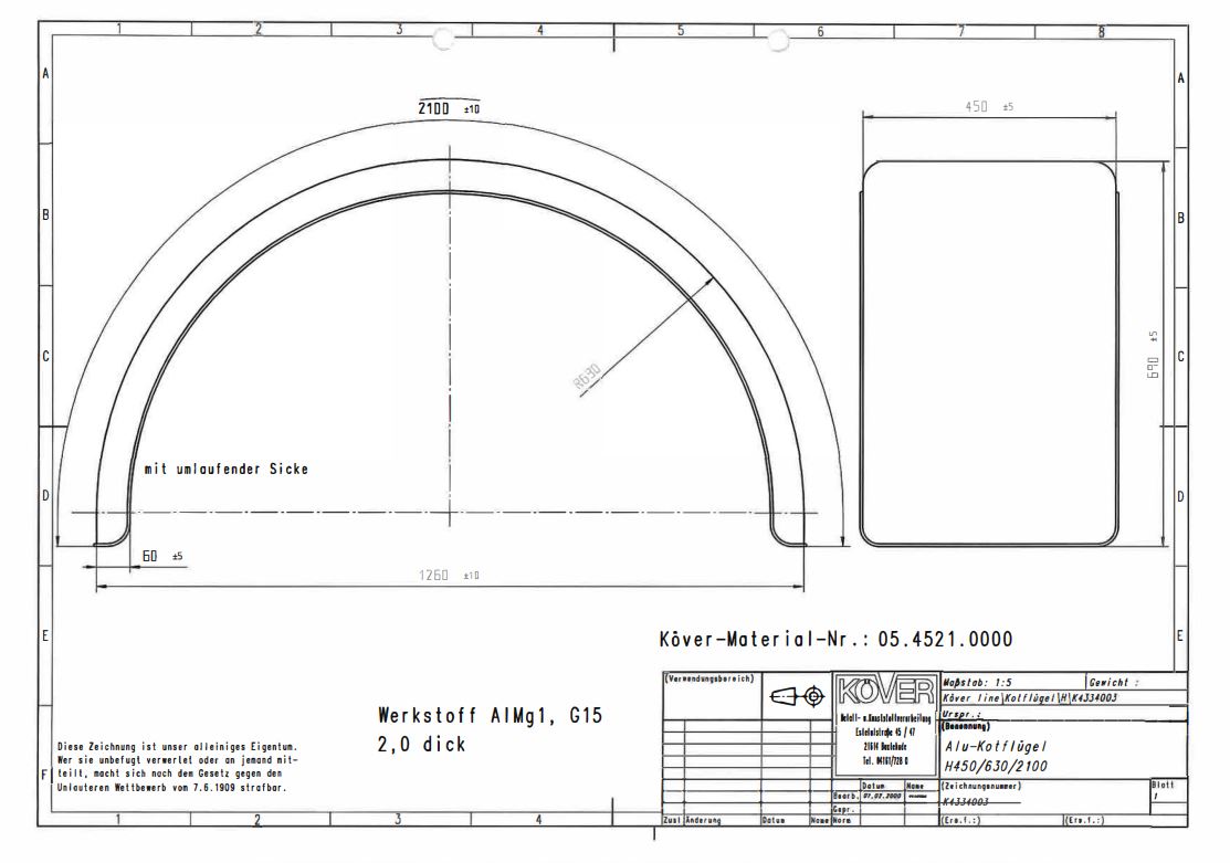 Kotflügel, Alu glatt 2,00mm, Halbkreis, beidseitig abgerundet mit Börtelung, 450 × 690 × 630 × 1260 mm (b × h × r × s)