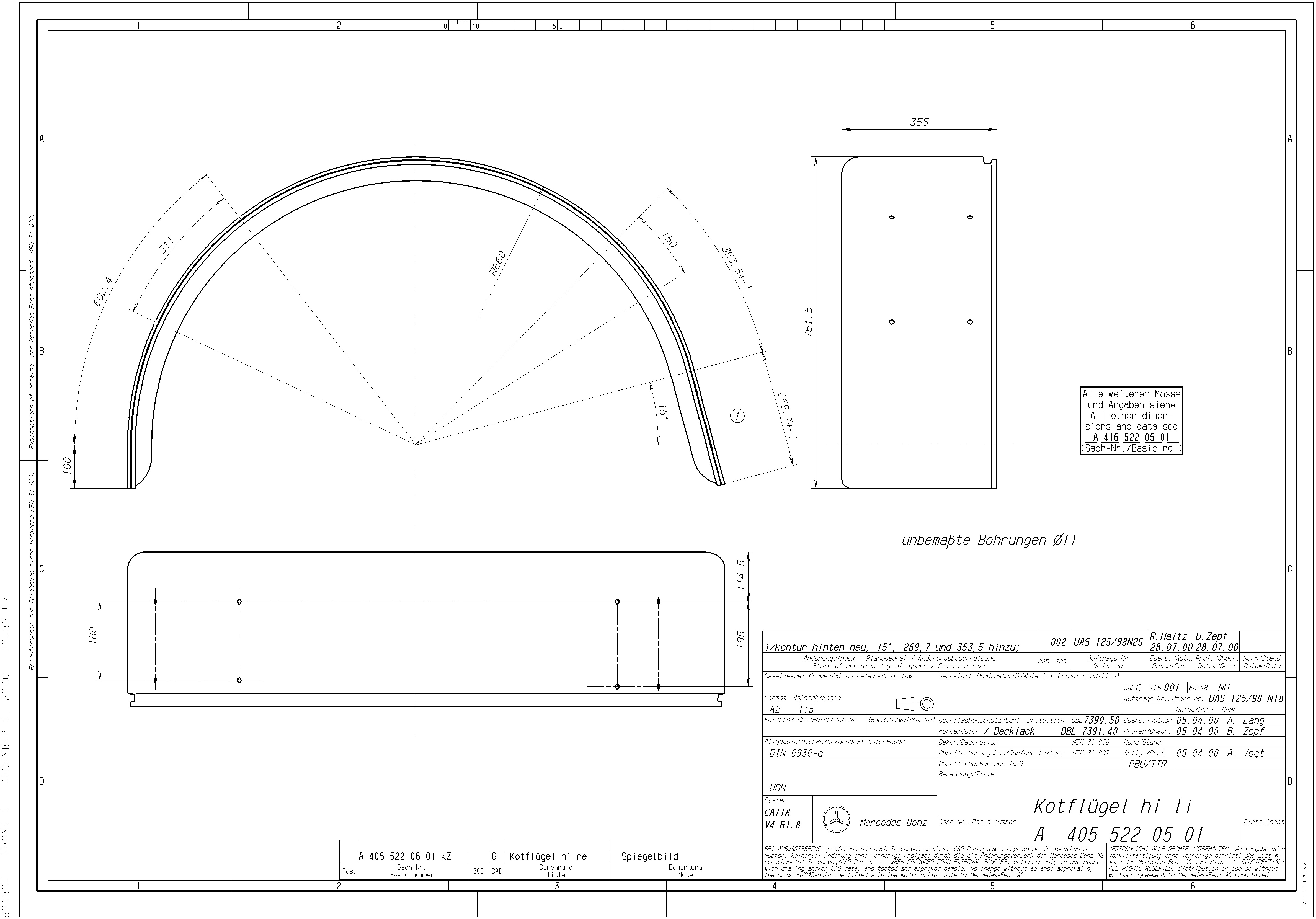 Kotflügel Hinten Rund mit Lochbild A4055220501 hi li unlackiert Stahlblech Roh 1,5 mm